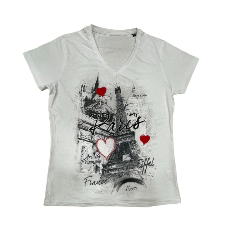 T-shirt Torre Eiffel Paris Coração com decote