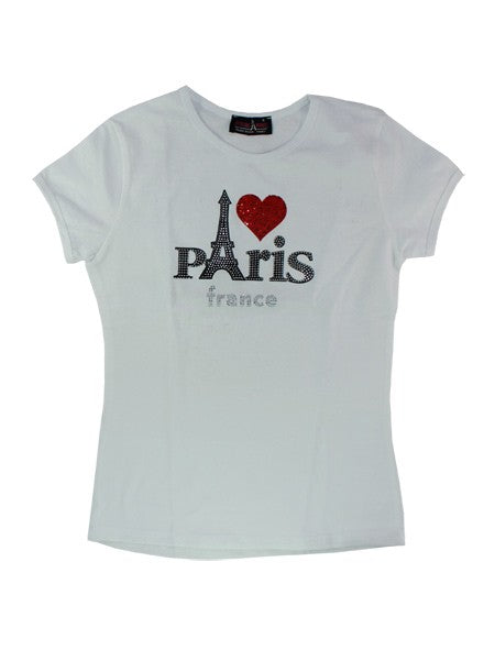 White t shirt women Paris with red heart French Souvenirs